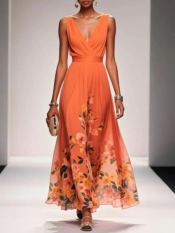 Rose | Hellblaues Floral Chiffon V-Ausschnitt Maxikleid