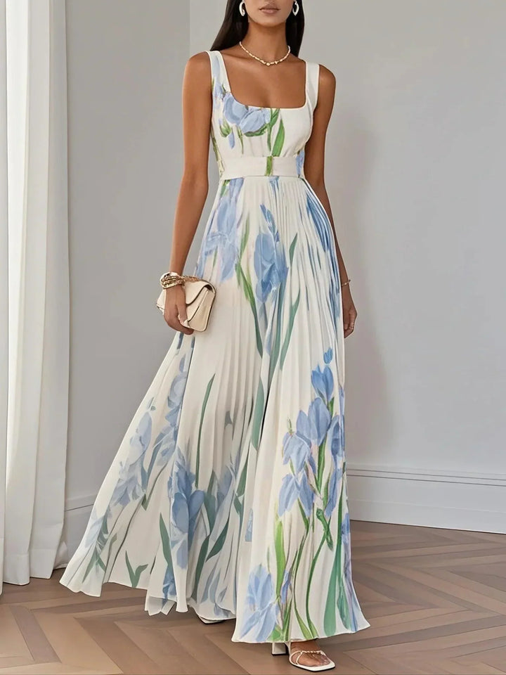 Marie | Weißes Faltenblumen Chiffon Maxi Kleid